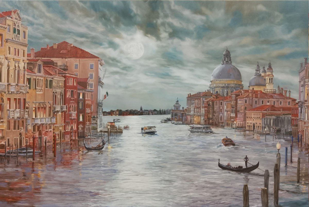 Cityscapes Oil Painting By Peter Goodhall, 44 X 33", A Full Moon Over Venice, Original Artwork