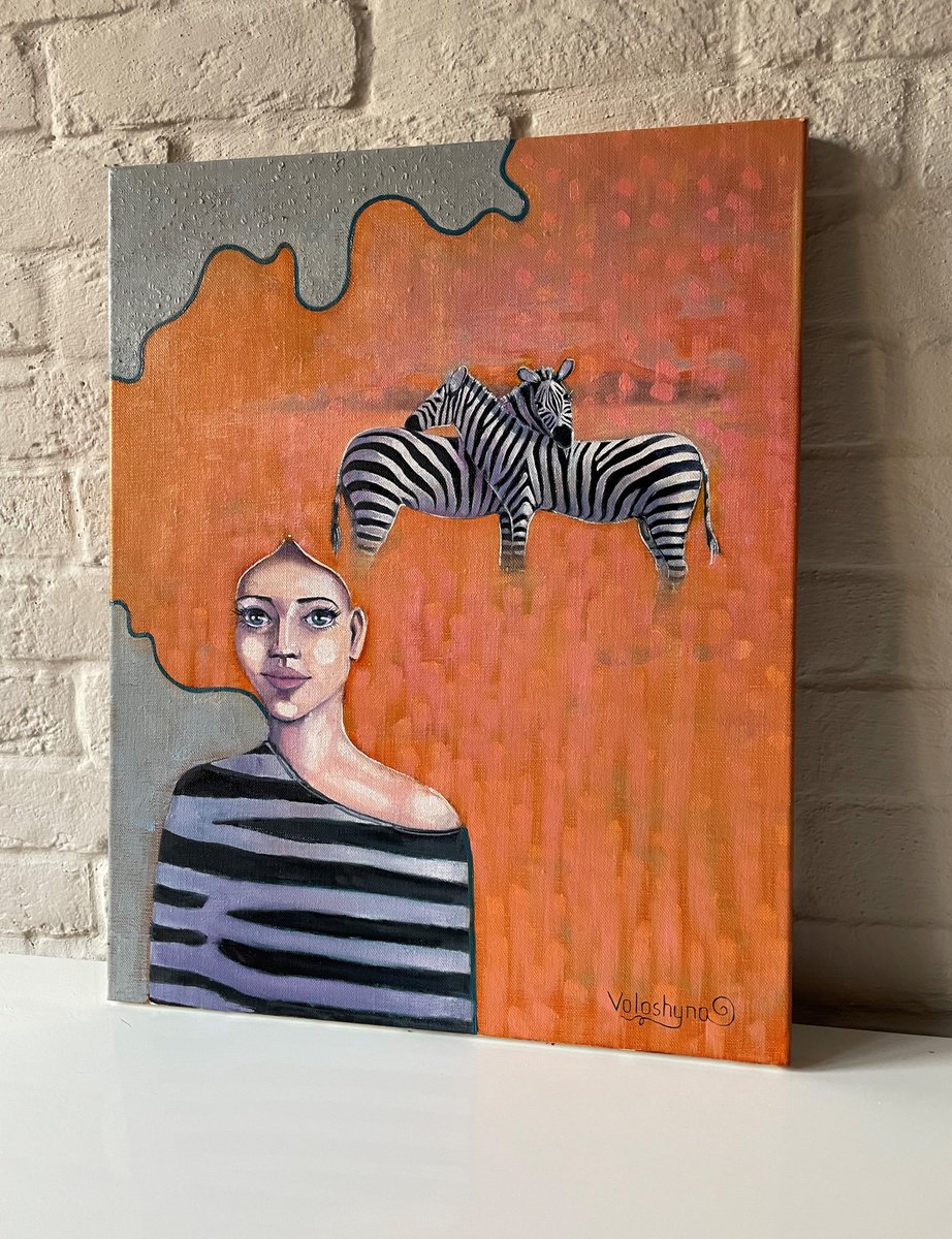 Surrealistic Portrait Oil Painting By Mary Voloshyna, 20 X 24", Pictute "Thoughts About Zebras". Original Oil Painting, Artfinder