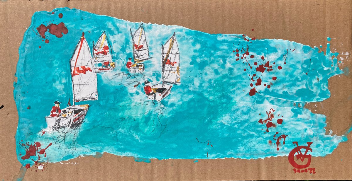 Abstract Landscape Painting By Valeria Golovenkina, 17 X 8", Sails 4, Original Artwork