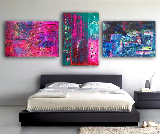 "Division" - Original Large PMS Abstract Triptych Acrylic Paintings On Canvas - 96" x 36"