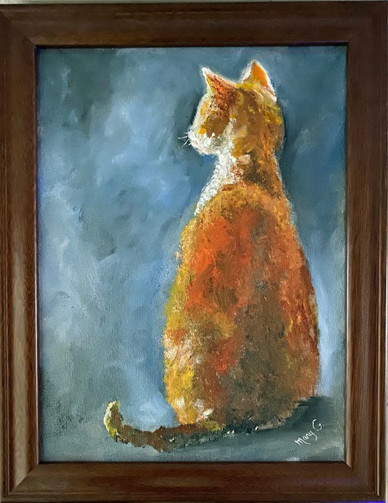 Red Cat Abstract Blue Background 9x12 Brown Frame