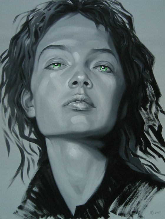 !RESERVED FOR PAUL - FREEDOM (80x60cm.) Black and white portrait of a girl with green eyes