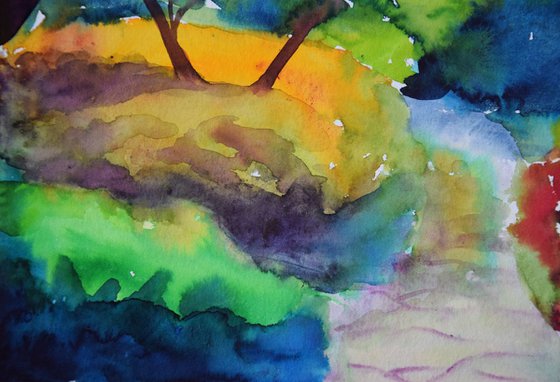 Blooming forest abstract landscape, original watercolor painting, Botanical garden