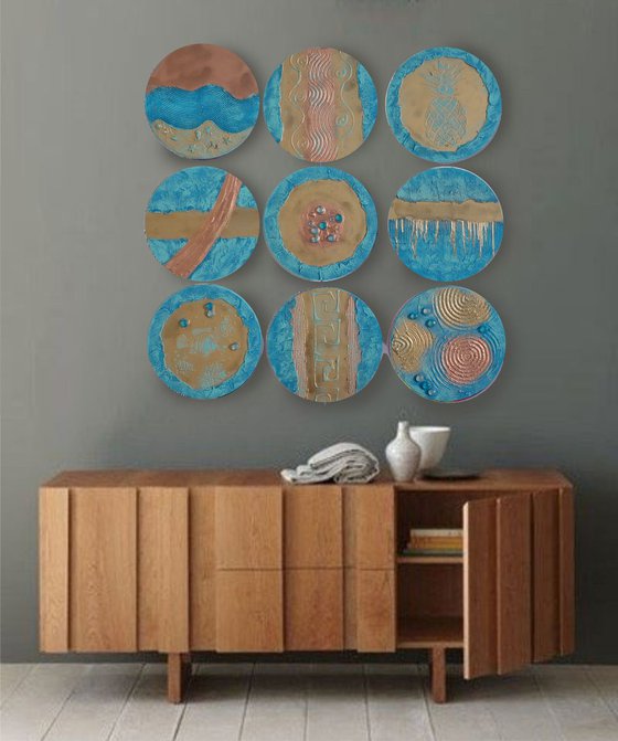 gold blue 9 round abstract paintings textured A290 original acrylic on stretched canvas
