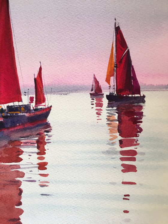 Original watercolor painting “Red sails”