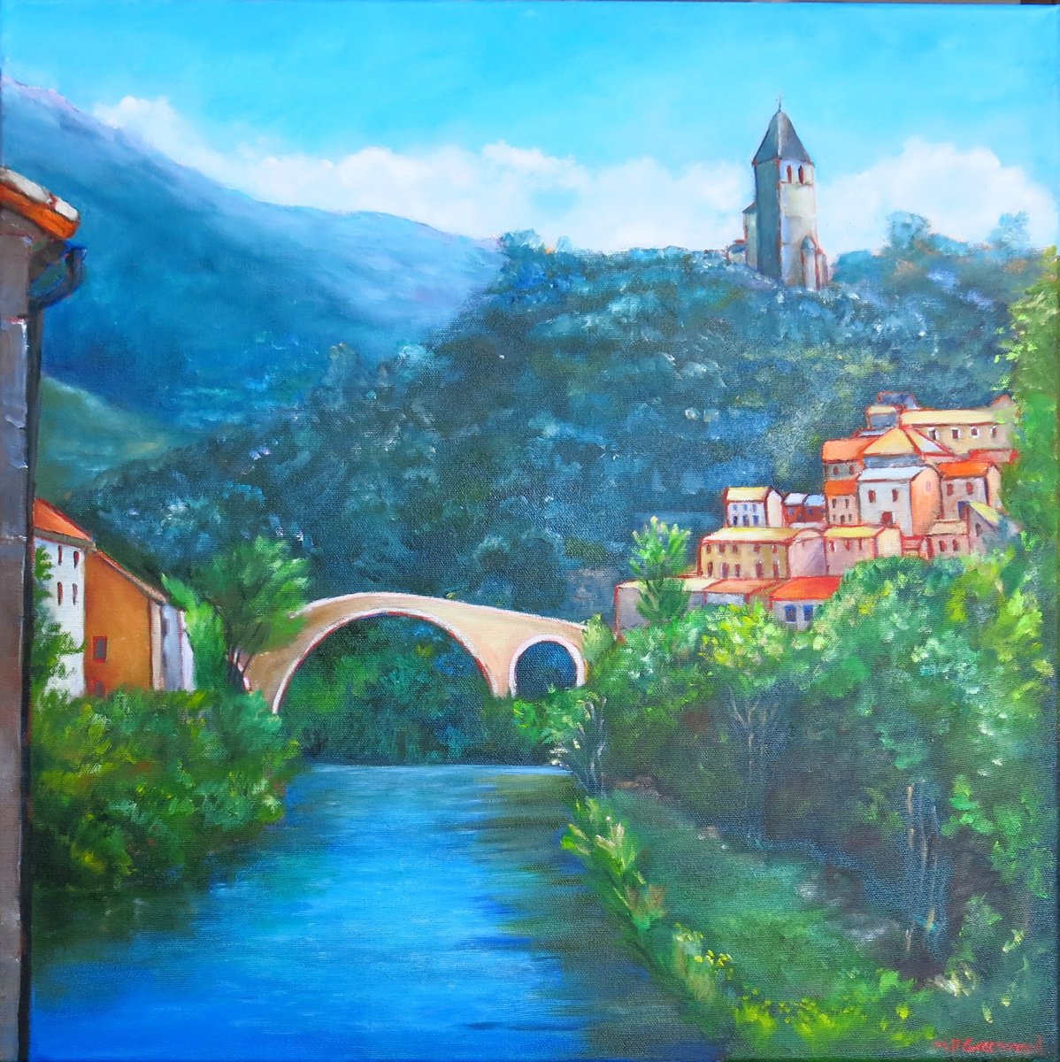 Impressionistic Landscape Oil Painting By Maureen Greenwood, 20 X 20", Olargues, France, Original Artwork