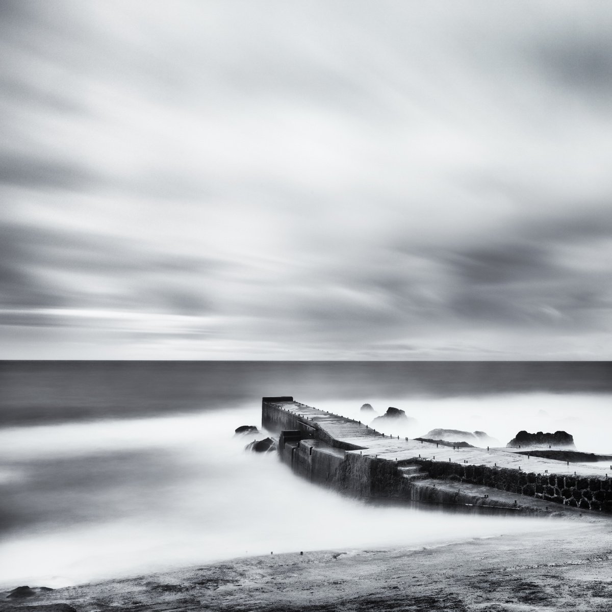 Impressionistic Landscape Photograph By Karim Carella, 31 X 31", Ocean Pier At Dawn, Original Artwork
