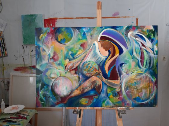 "Angel of mercy",  large acrylic painting,90x60x2 cm