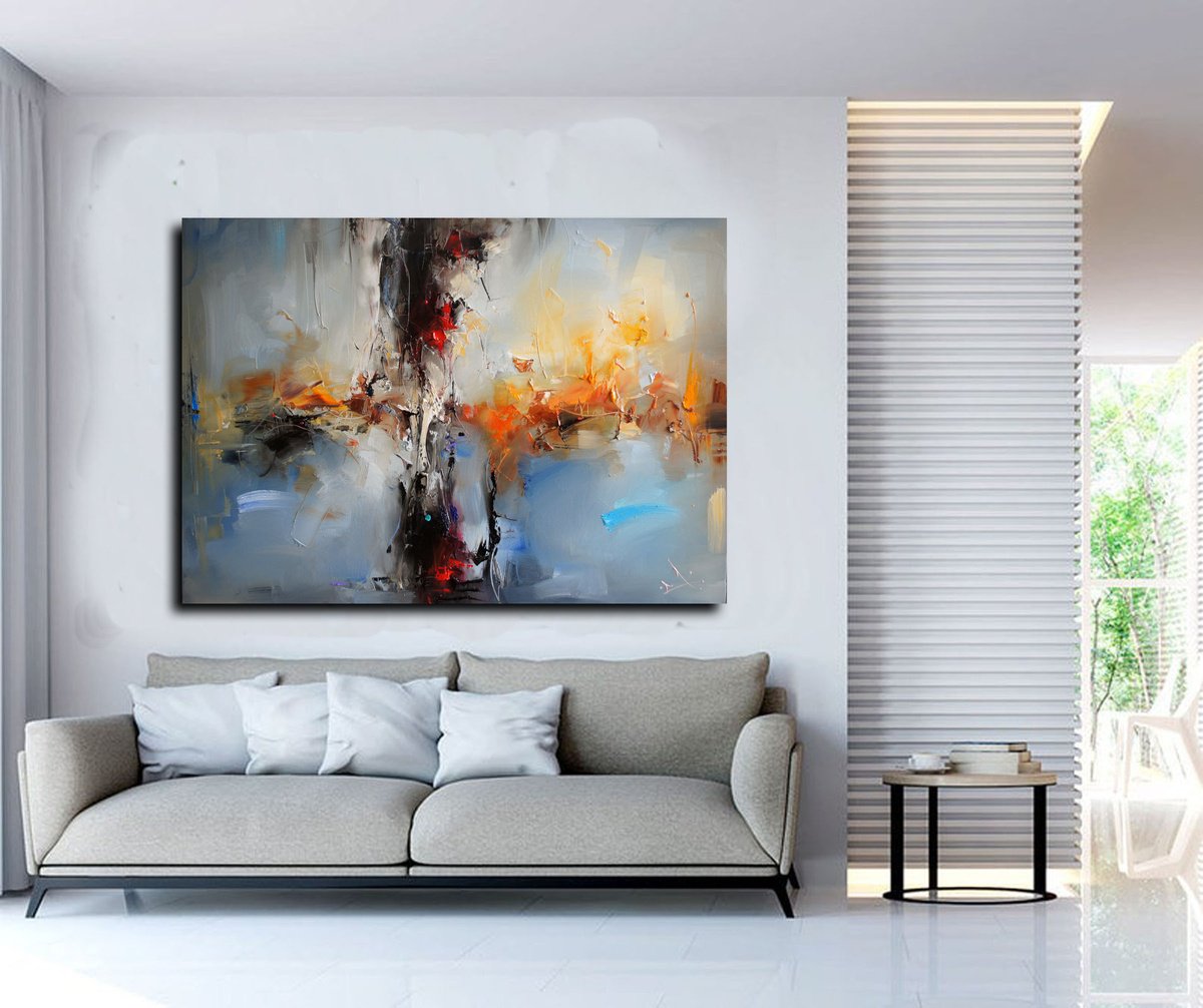 Abstract Landscape Oil Painting By Stanislav Lazarov, 47 X 33", Fog, Original Artwork