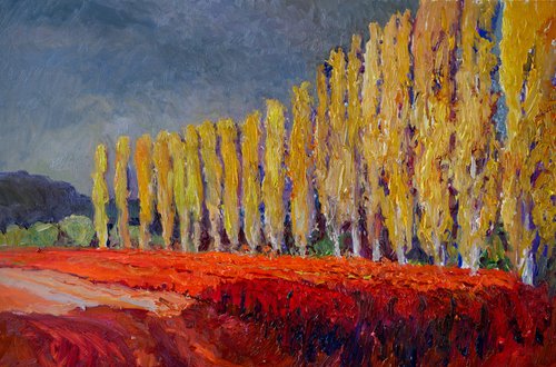 Red Vineyards and Poplars, Cloudy Autumn Day by Suren Nersisyan