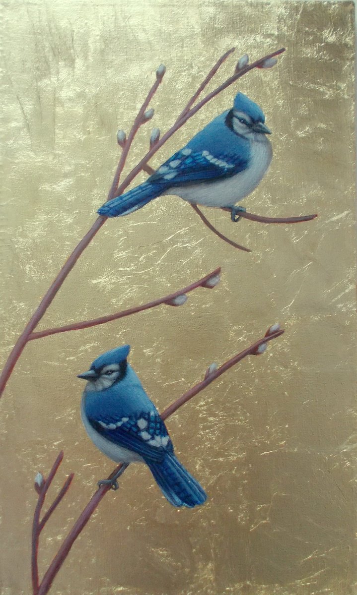 blue birds painting Spring Jays by Tatyana Mironova