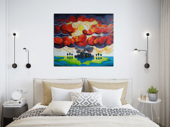 Sunset (80x90cm, cubism, oil painting, ready to hang)