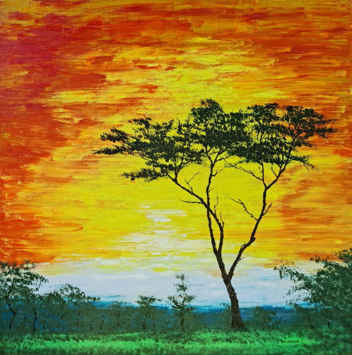 Impressionistic Landscape Oil Painting By Daniel Urbani?k, 16 X 16, Sunny Tree, Original Artwork