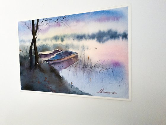 Quiet evening on the lake. Original watercolor picture.