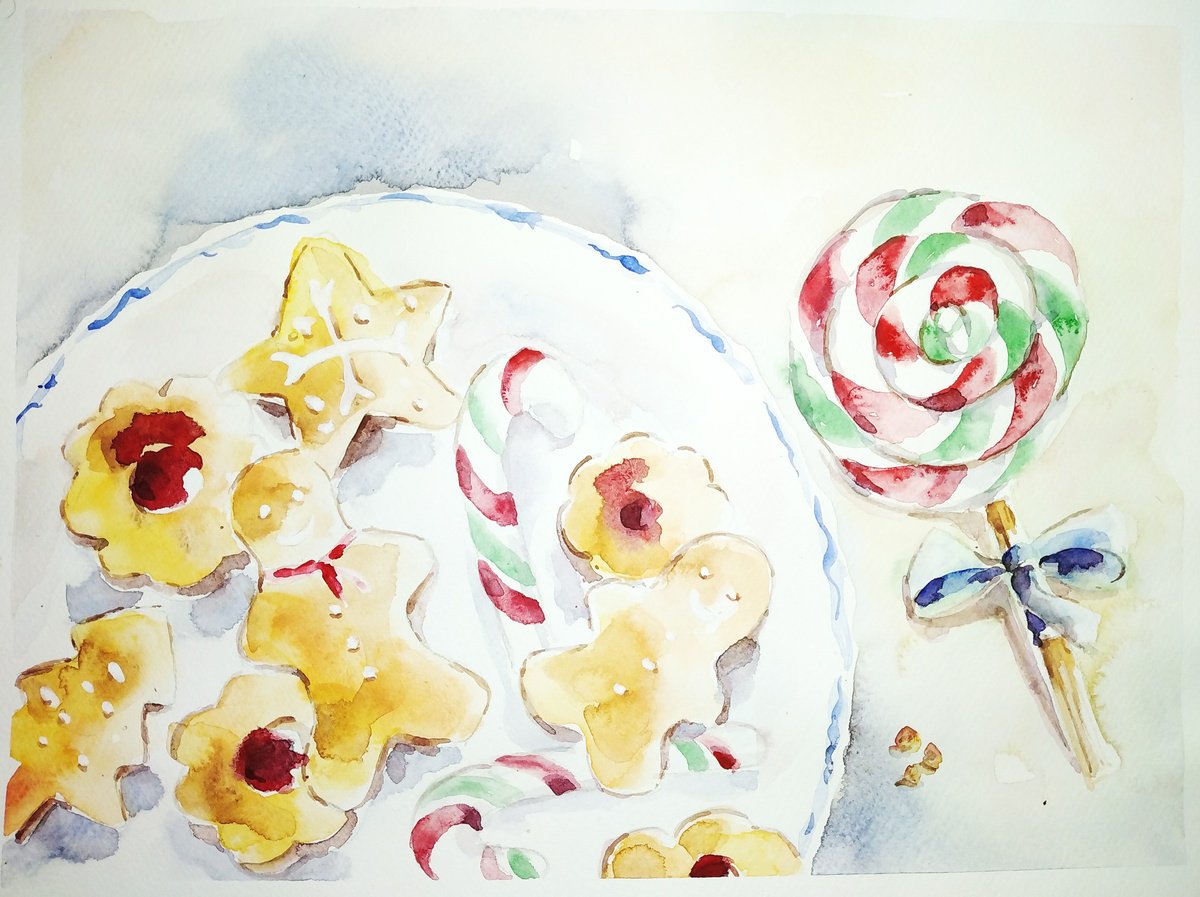 Gingerbread cookies, festive candy cane still life watercolor illustration by Tanya Amos