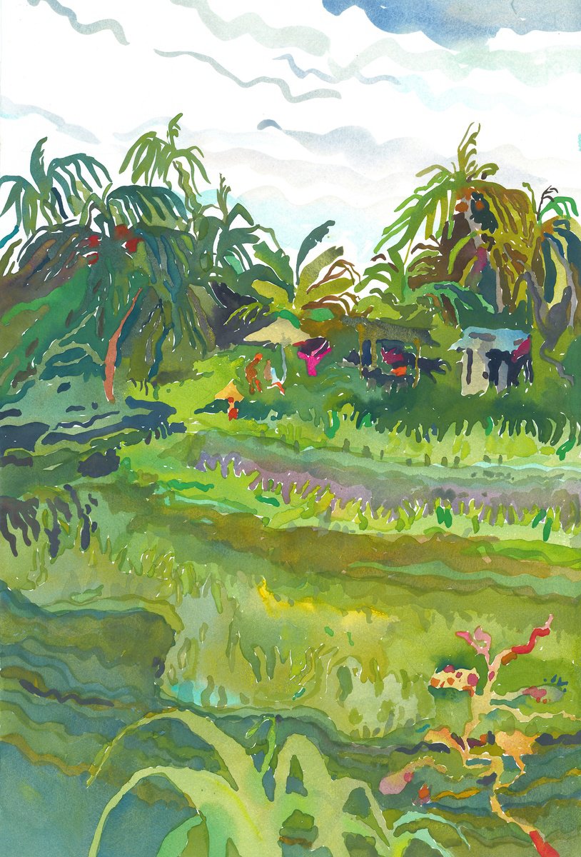 Impressionistic Landscape Watercolour By Tanbelia, 15 X 22", Ceking Rice Terrace, Original Artwork