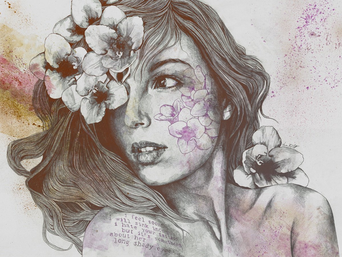 Mascara violet | beautiful woman with white flowers | art print by Marco Paludet