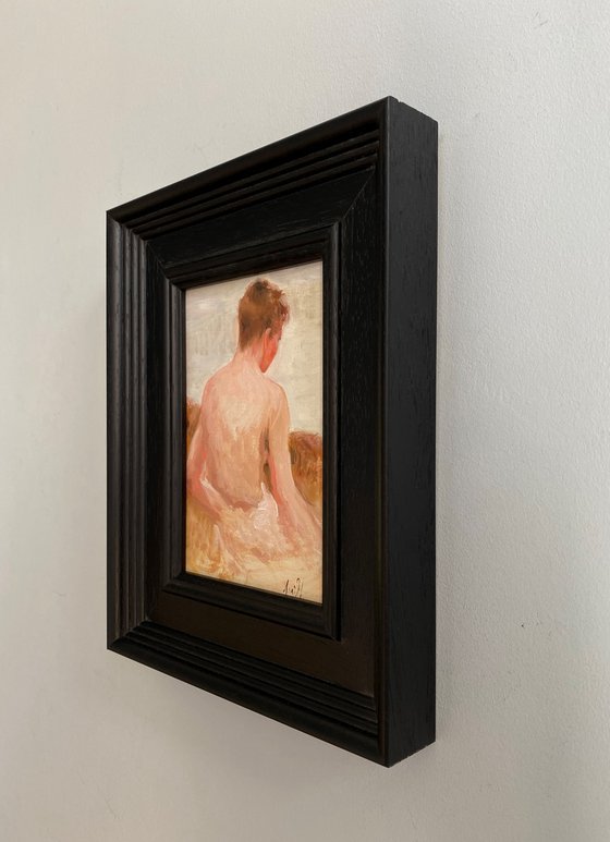 Impressionist style Male nude figure oil painting, with wooden frame.