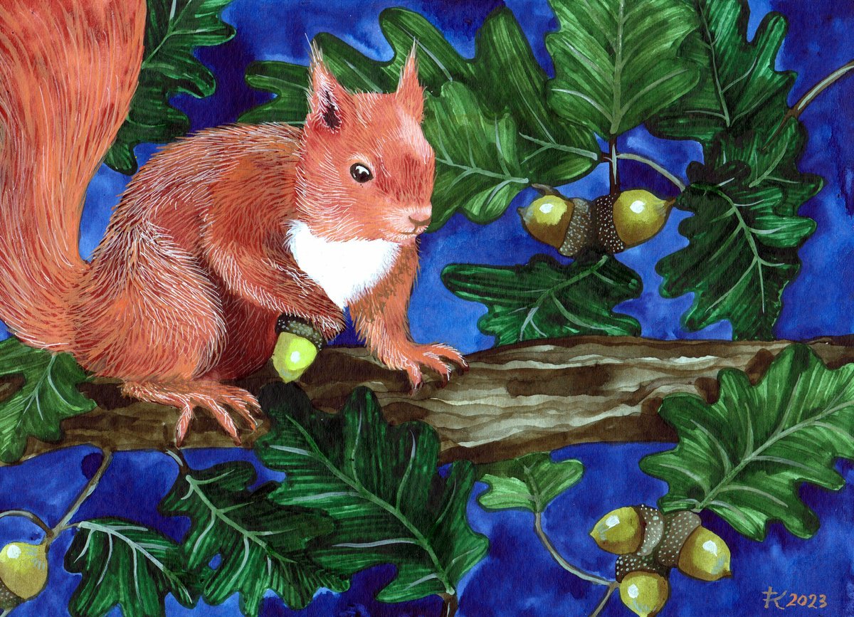 Illustrative Animal Painting By Terri Smith, 11 X 8", Red Squirrel, Original Artwork