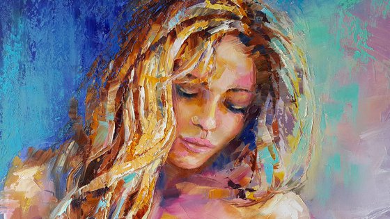 Impasto oil painting, nude figure, portrait female, artwork " You are in my heart '