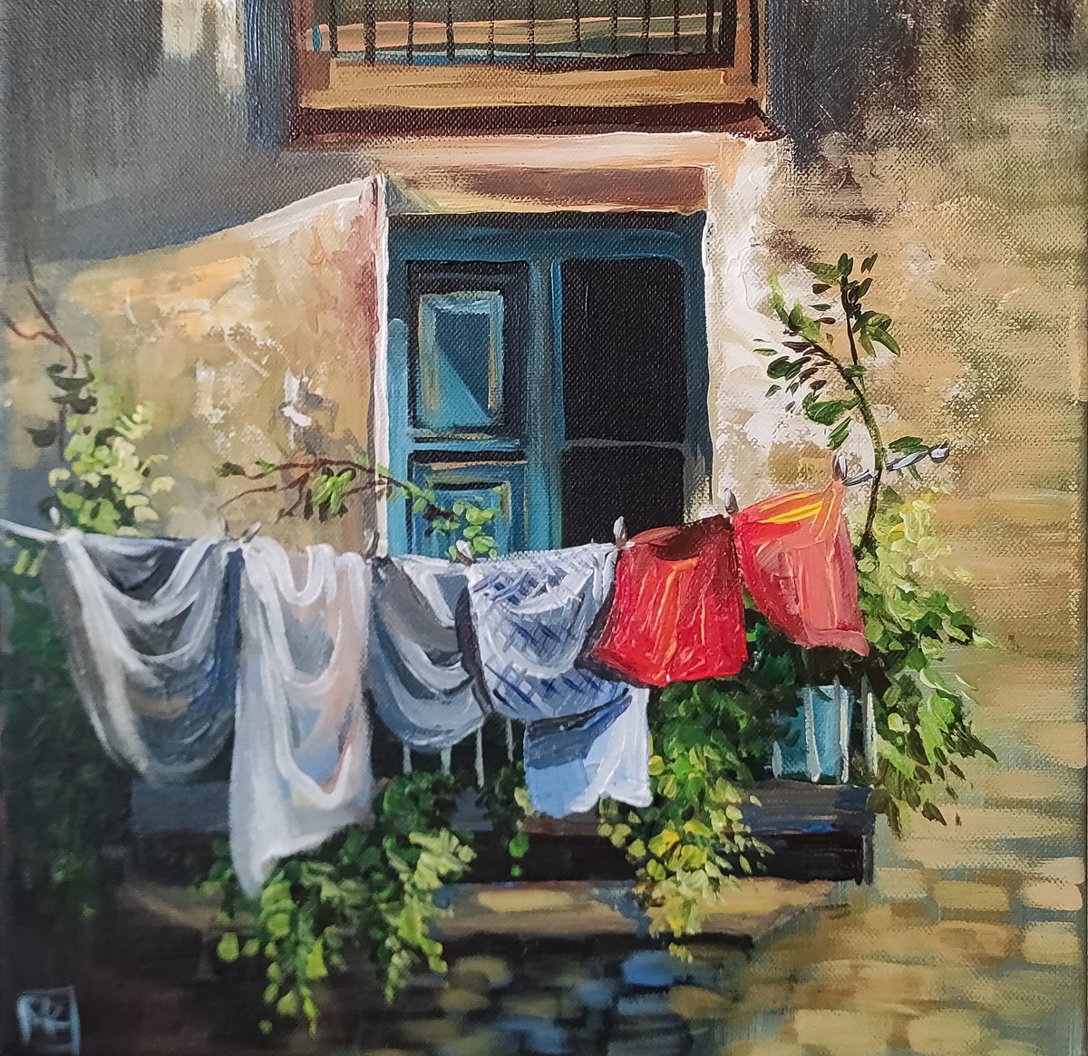 Impressionistic Cityscapes Acrylic Painting By Maria Kireev, 16 X 16", The Window Of My Childhood, Original Artwork