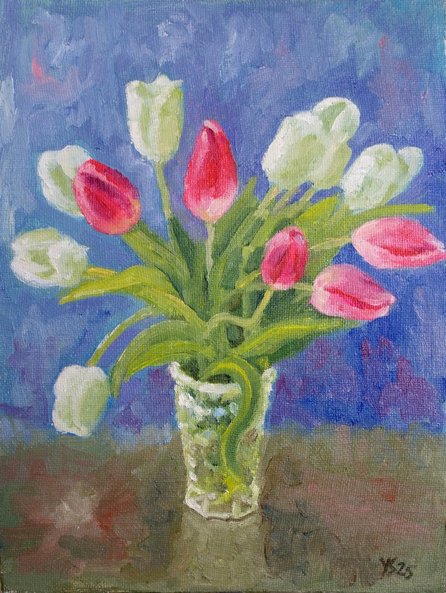 Impressionistic Botanical Oil Painting By Juri Semjonov, 12 X 16", Fresh Spring Tulips, Original Artwork