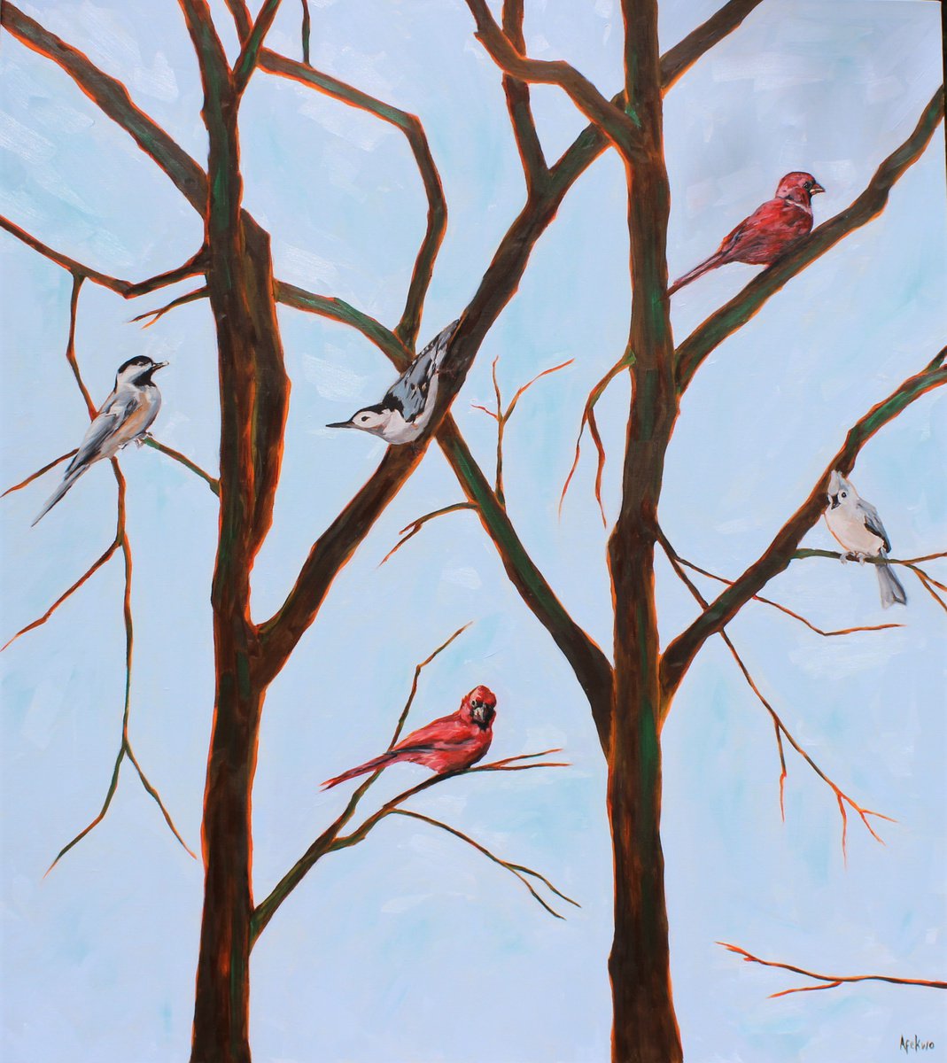 Impressionistic Animal Oil Painting By Afekwo, 37 X 41, Song Birds Iii, Original Artwork