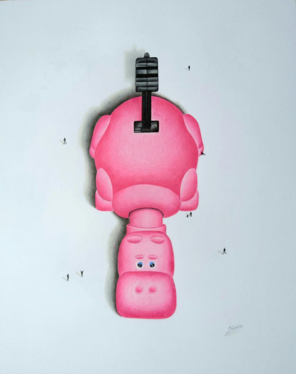 Urban And Pop Still Life Pencil Drawing By Daniel Shipton, 16 X 20, Hippo A Pencil Drawing (Pink), Original Artwork