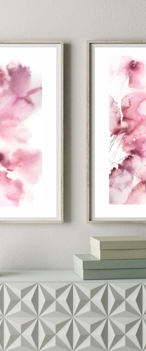 Pink abstract flowers painting, diptych "Floral marshmallow" by Olga Grigo