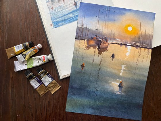 Sunset at Marina - original seascape watercolor