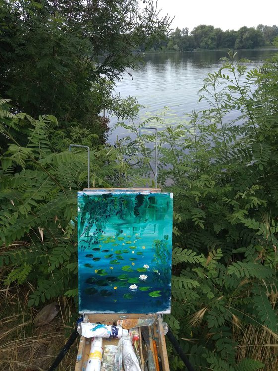 Waterlilies at the river. Pleinair painting