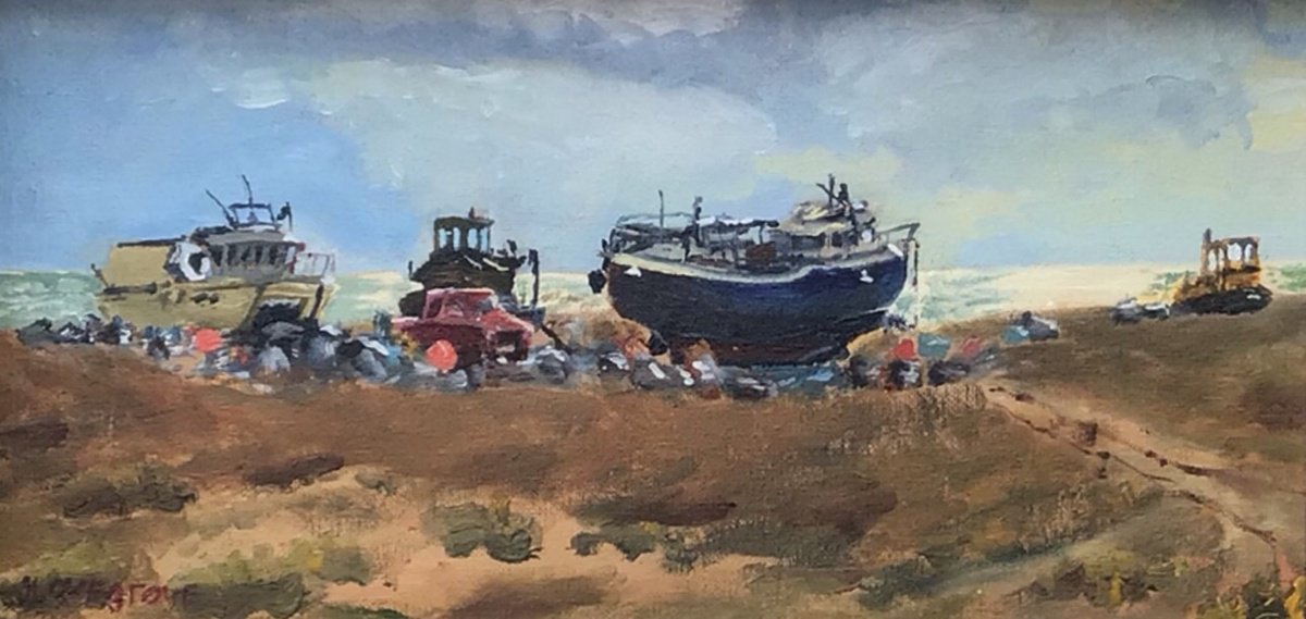 Waiting for the tide at Dungeness, an original oil painting by Julian Lovegrove Art