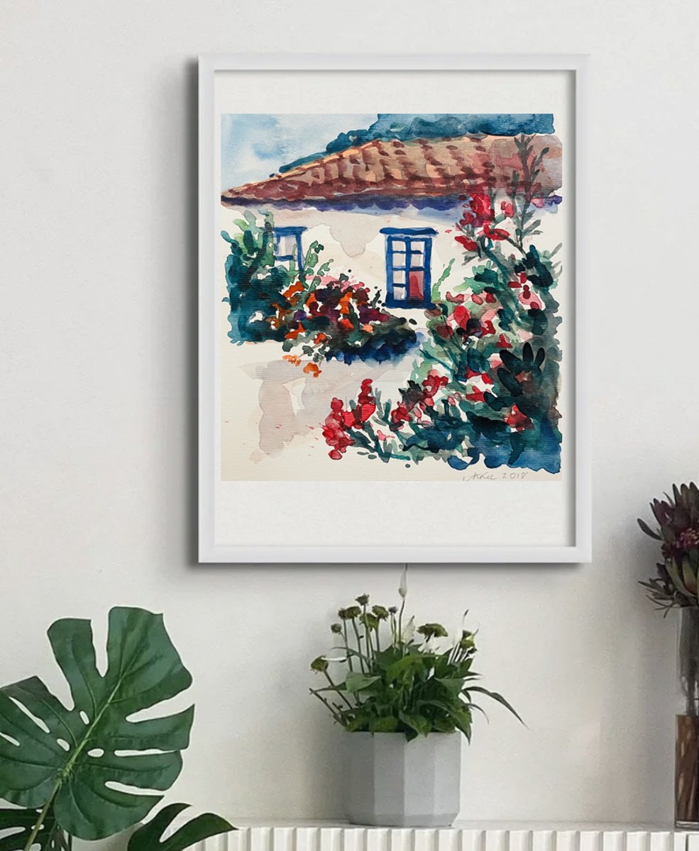 Impressionistic Landscape Watercolour By Annie Meier, 10 X 11, Greek Villa, Original Artwork