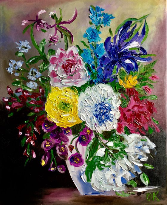 BOUQUET OF FLOWERS... palette knife modern blue red pink white still life  flowers peonies irises roses Dutch style office home decor gift