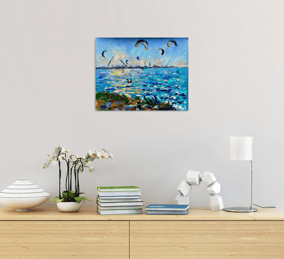Kitesurfing - Сatch before sunset, 47*37cm, impressionistic oil impasto landscape painting