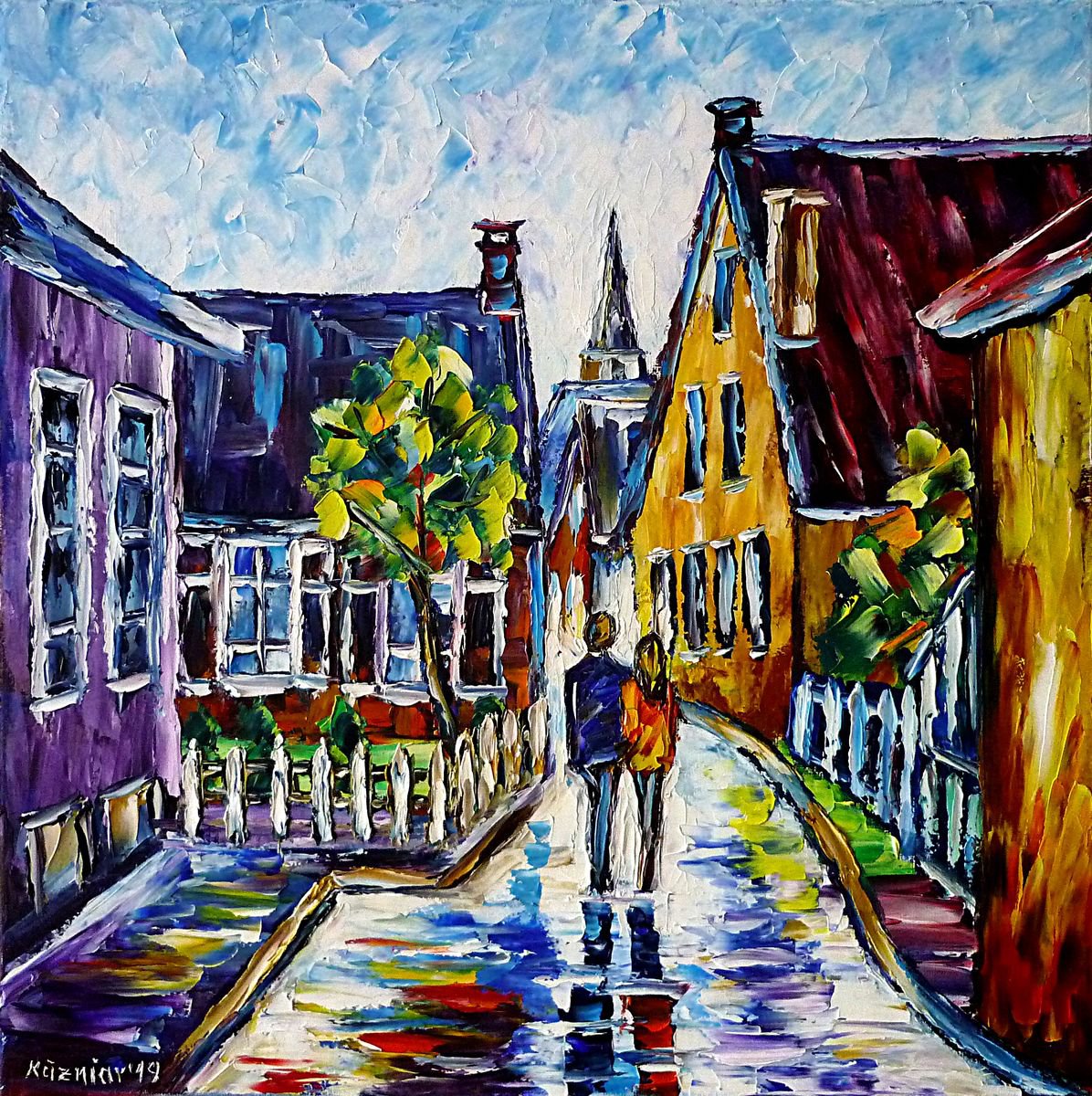 Expressive Cityscapes Oil Painting By Mirek Kuzniar, 16 X 16", Groothusen, Original Artwork