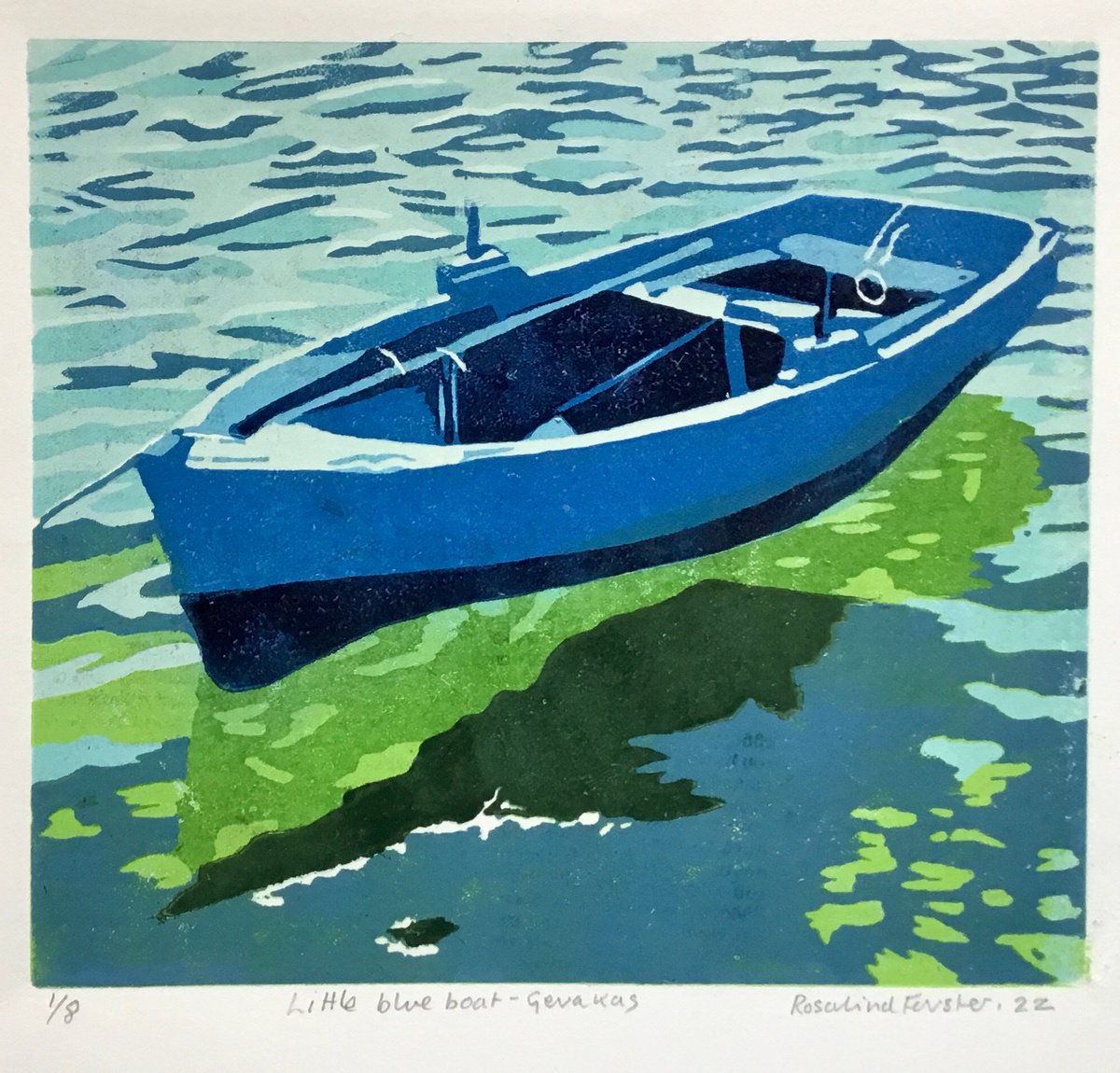 Landscape Linocut By Rosalind Forster, 10 X 10", Little Blue Boat Geraki, Original Artwork