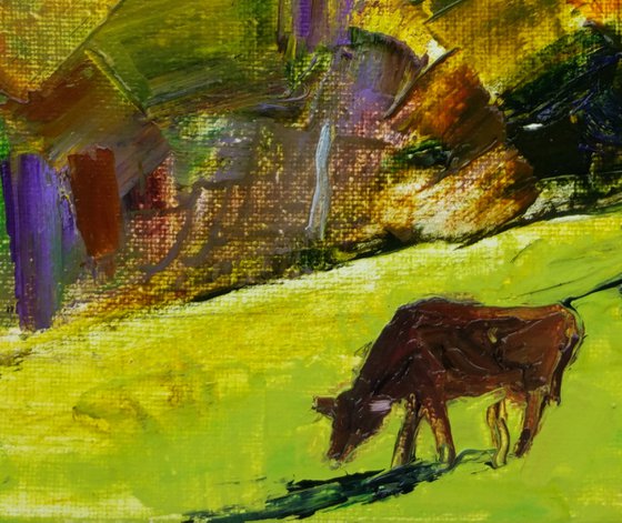 Mountain village . Cows in the meadow . Sunny day . Original oil painting