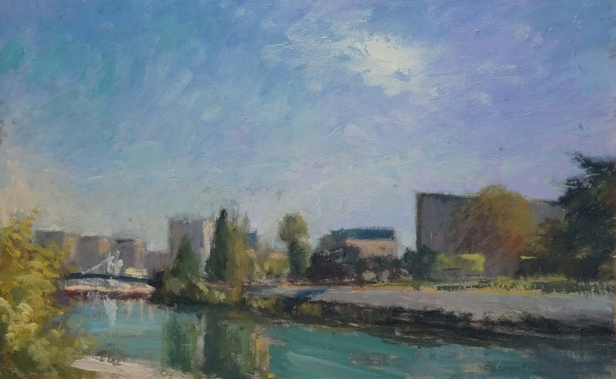 Impressionistic Landscape Oil Painting By Manuel Leonardi, 18 X 12", Marne At Joinville, Original Artwork