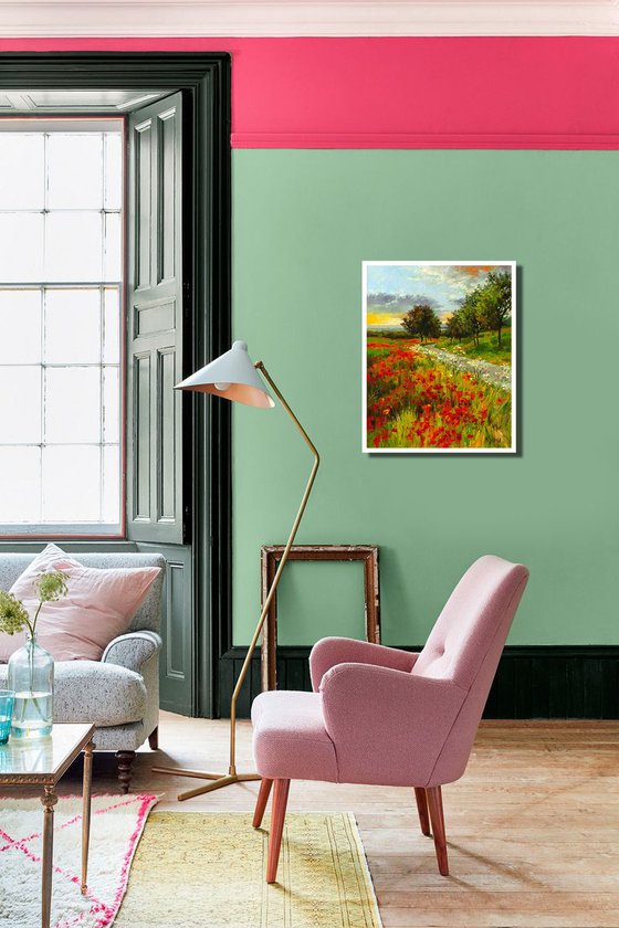 POPPY FIELDS (Modern Impressionistic Landscape Oil Painting, Gift for nature lovers)