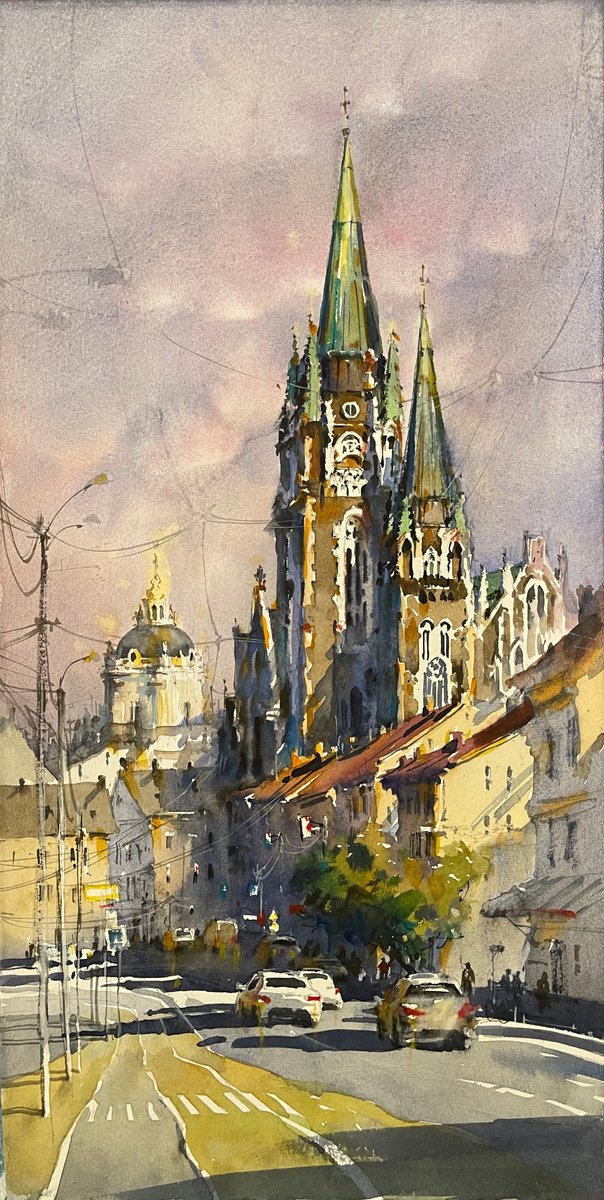 Expressive Cityscapes Watercolour By Samira Yanushkova, 8 X 16", Ancient Architecture, Original Artwork