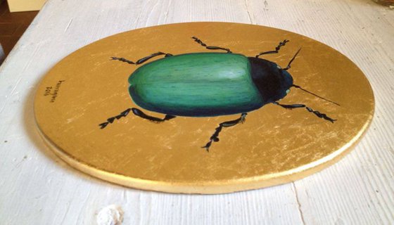 My Big Green Beetle Oil Painting on Oval Lacquered Golden Leaf Canvas Frame