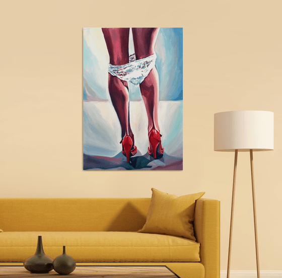 RED HEELS - erotic art original oil painting woman legs underneath red heels pop art office art decor home decor gift idea