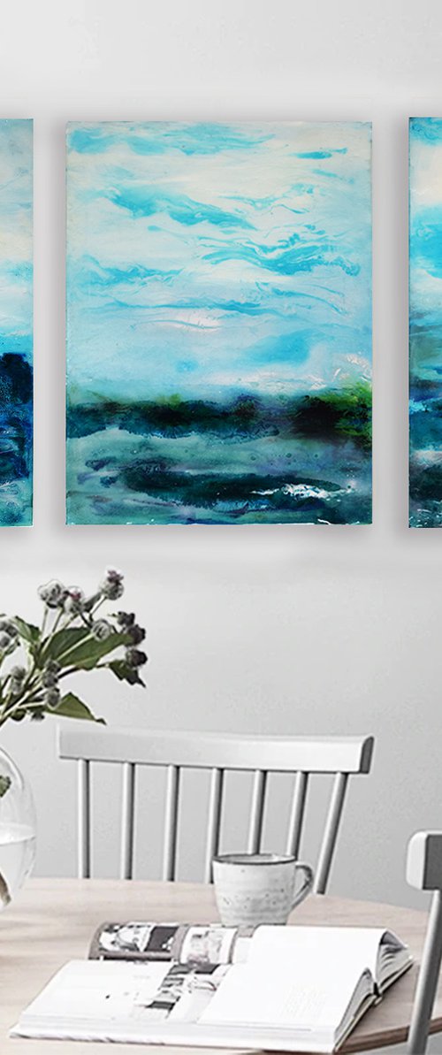 3 Blue Abstract paintings by Anna Sidi-Yacoub