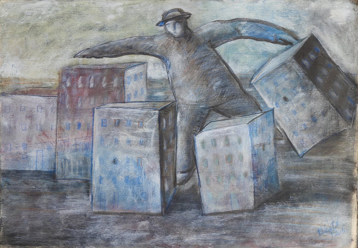 Illustrative Cityscapes Painting By Paolo Beneforti, 20 X 14", A Giant Walking Among Houses, Original Artwork