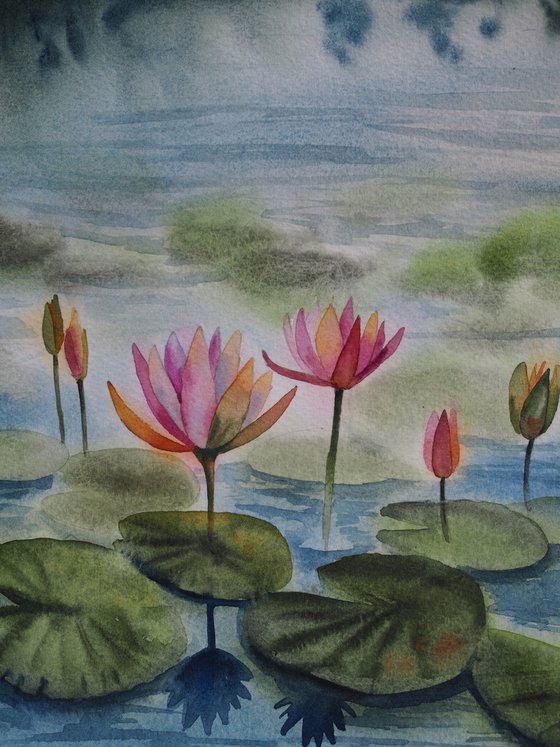 Misty lotus pond