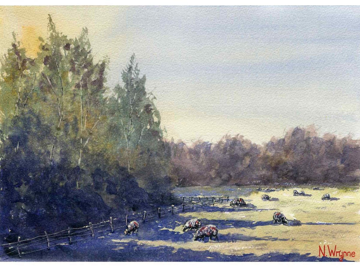 Impressionistic Landscape Watercolour By Neil Wrynne, 15 X 11", Shady Grazing, Original Artwork