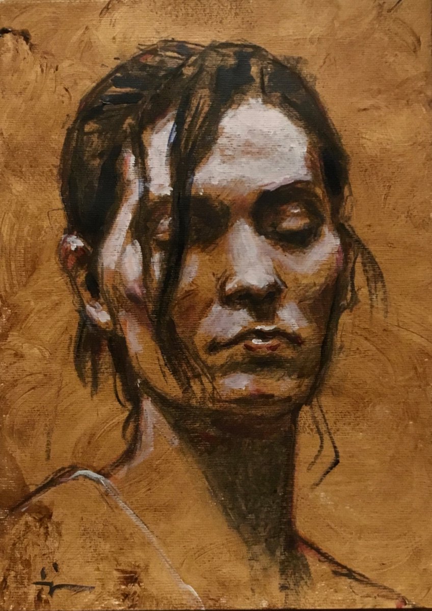 Expressive Portrait Acrylic Painting By Dominique Deve, 11 X 17, Les Yeux Fermes, Original Artwork