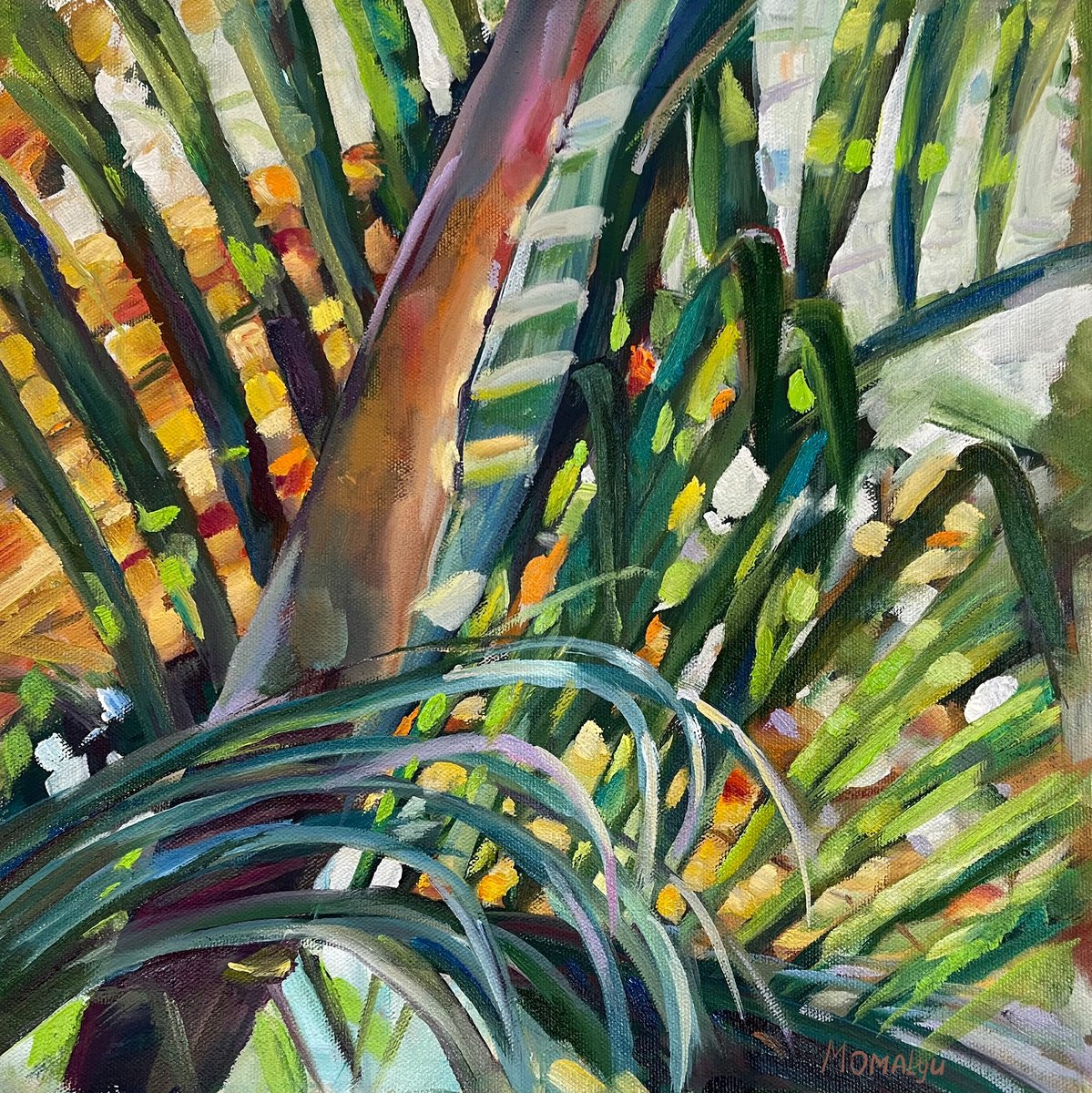 Impressionistic Landscape Oil Painting By Momalyu, 12 X 12", Golden Light Through The Palm, Original Artwork