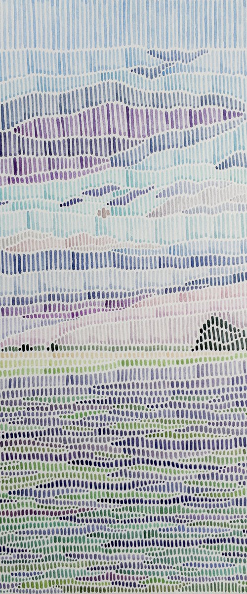Original style watercolor abstract landscape in calm violet palette by Liliya Rodnikova